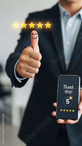 Customer showing satisfaction with five star rating on mobile phone