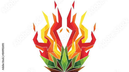 Vibrant stylized flame graphic with red, orange, and yellow hues