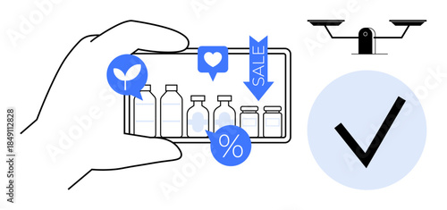 E-commerce, eco-conscious shopping, retail discounts, decision-making, sustainability, product comparison. Mobile screen with product icons, eco-friendly badge and discount tags. E-commerce