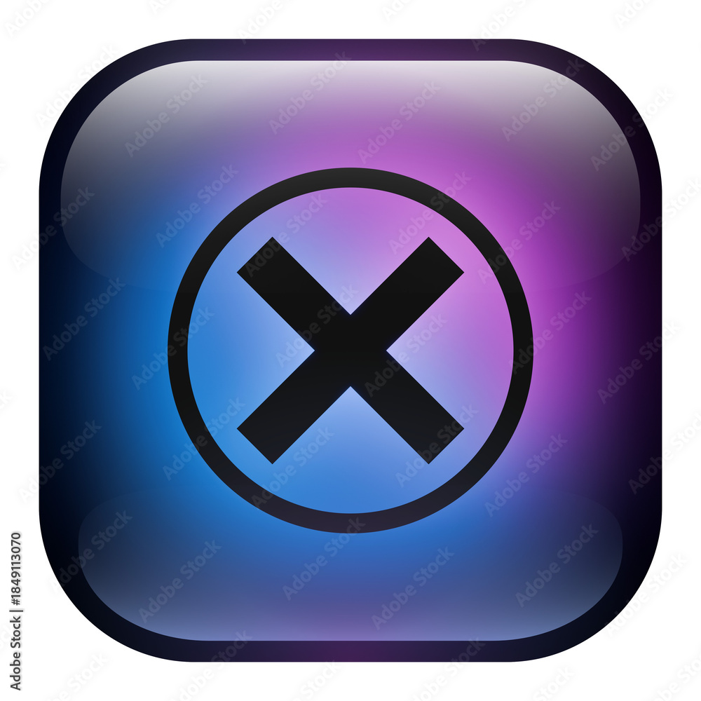 Obraz premium Glass Square Button featuring a Reject icon inside a Ring with Blue and Purple Neon Light