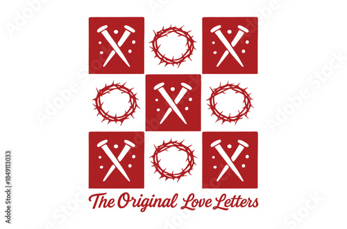 A religious tic tac toe board with crosses nails and crowns of thorns