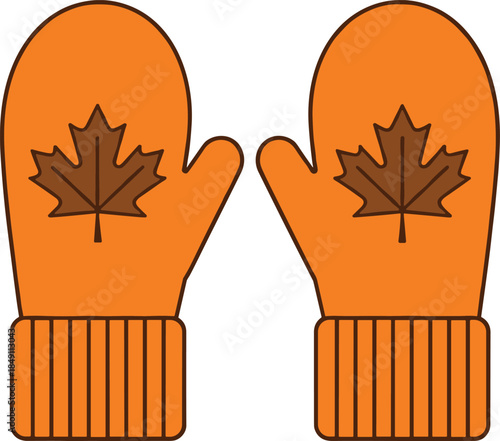 Orange winter mittens with maple leaf symbol vector illustration in flat style for autumn seasonal clothing and cold weather design projects