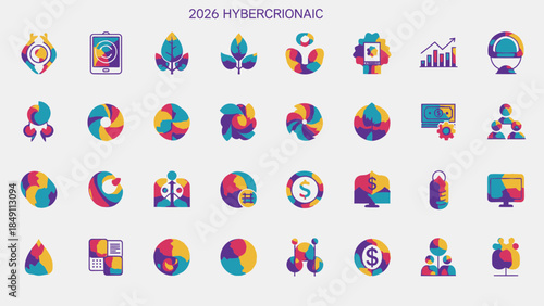 Variety of vector icons showing business, technology, and graphics, on white background in a flat style