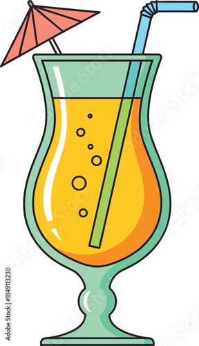 Tropical orange cocktail drink in elegant glass with straw and umbrella vector illustration in flat style for summer bar and beverage designs