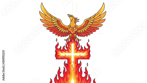 Vibrant phoenix bird rising from fiery cross symbol