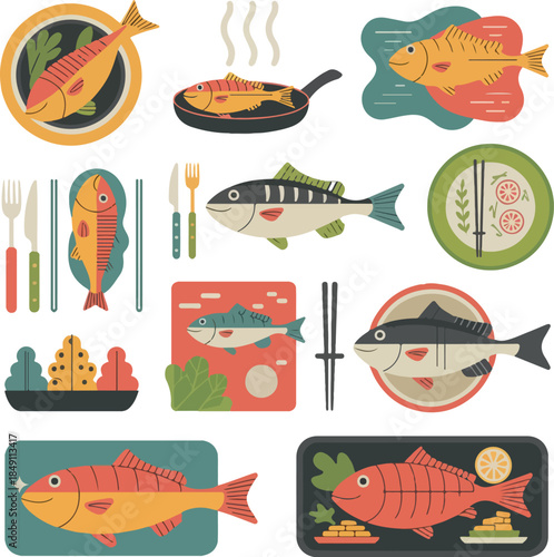 Collection of stylized fish dishes and ingredients in flat design seafood food