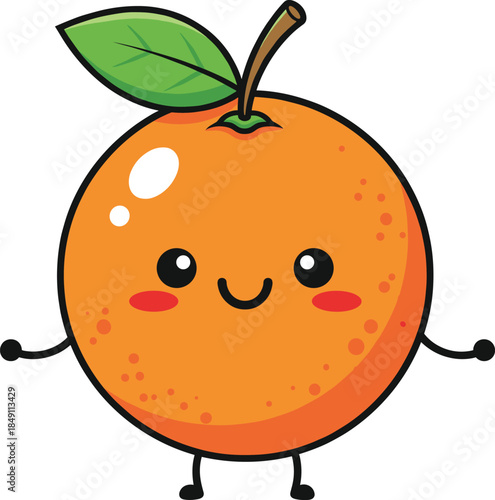 Cute smiling orange fruit cartoon character with leaf vector illustration for kids branding stickers mascot and playful designs