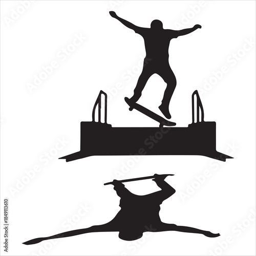 Dynamic silhouette illustration featuring a skateboarder performing a trick and a person in a horizontal pose isolated on white background, Vector