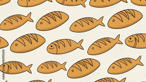Playful cartoon fish swimming in various directions on beige background