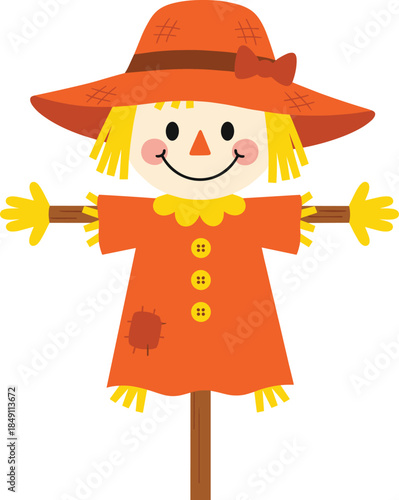 Cute scarecrow character vector illustration in flat style isolated on white for autumn harvest farm and children design projects
