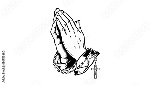 Praying hands with rosary and cross in black and white