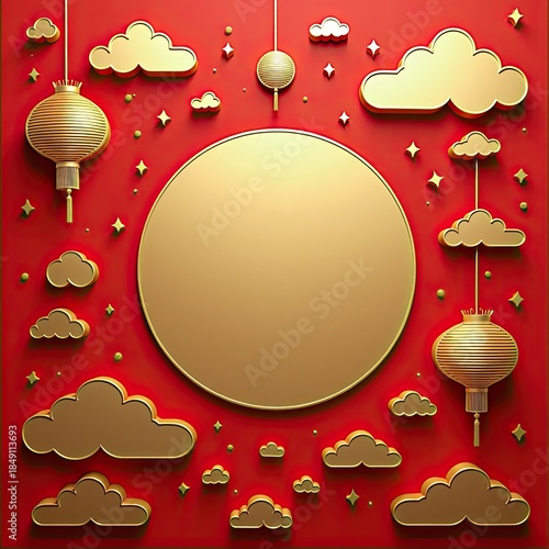Luxury Chinese New Year Red Background with Golden Round Frame for Product Promotion and Copy Space