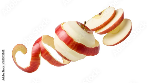 Red apple with peel spiraling in midair isolated on white background, concept of fresh fruit and healthy eating