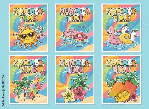 Vector illustration set of cartoon stamps featuring a seamless pattern of nature icons with animals, birds, fish,