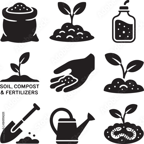 Fertilizer bag, soil compost, agriculture planting, gardening shovel, sprout growth, watering can, worm farming, nutrient bottle