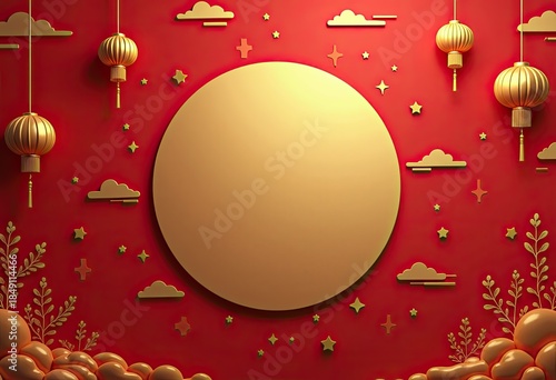 Luxury Chinese New Year Red Background with Golden Round Frame for Product Promotion and Copy Space