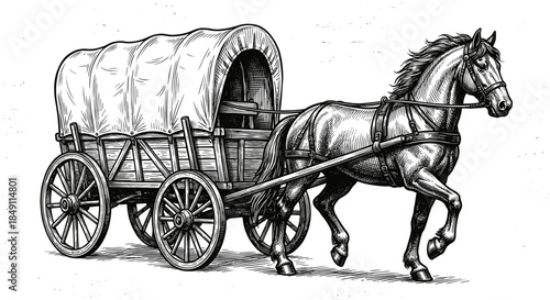 Vintage black and white sketch of a horse pulling a covered pioneer wagon, historic western transportation illustration for rustic heritage designs