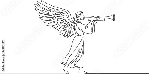 Continuous One Line Drawing of Angel Playing Trumpet, Minimalist Christian Religious Symbol, Christmas Spirit, Heavenly Messenger with Wings, Spiritual Music