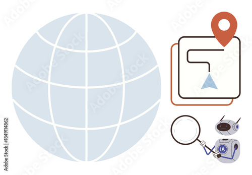 Globe with grid, geolocation map with marker and route, robot with magnifier. Ideal for AI, navigation, geolocation, technology, global connectivity exploration and research. Simple flat metaphor