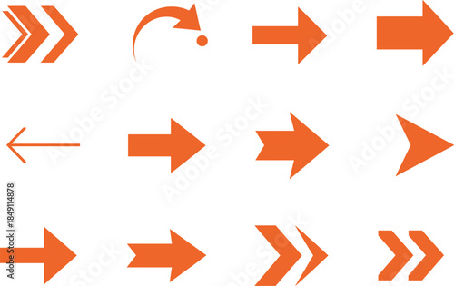 Orange arrow icons set vector illustration with different directions in flat style for navigation interface and web design use