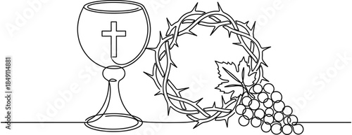 Christian communion continuous line drawing featuring holy grail chalice with cross, crown of thorns, and grapes for Easter religious design