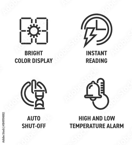 Thermometer Gun features icons set in bold line