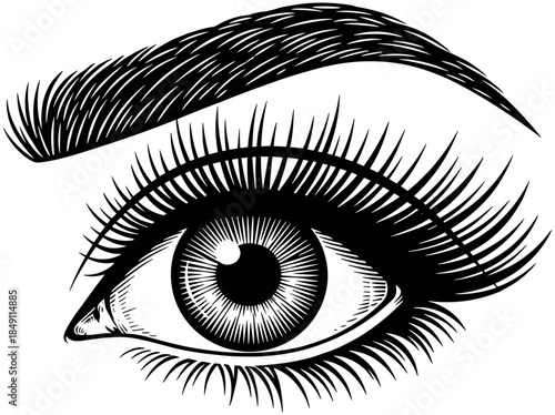 Detailed black and white human eye line art illustration with thick eyebrows, long eyelashes, and intricate iris for beauty design