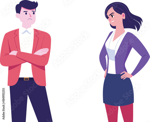 Two people in business attire standing with arms crossed looking at each other woman