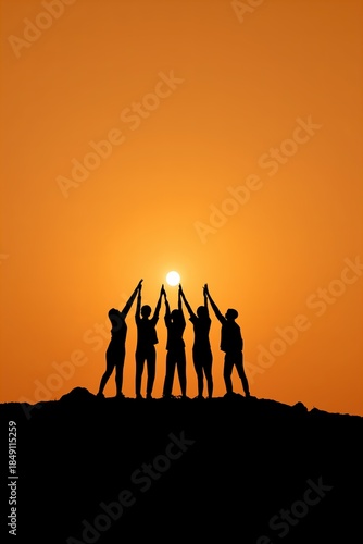 Silhouetted group at sunset holding sun on hilltop