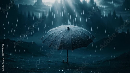 Umbrella covered in water droplets during heavy rainfall. Rain cascading around protective canopy in dark storm conditions. Close up shot changes to moody landscape panorama