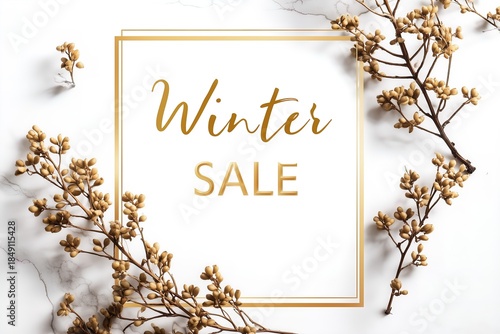 Elegant winter sale announcement with gold accents and delicate branches