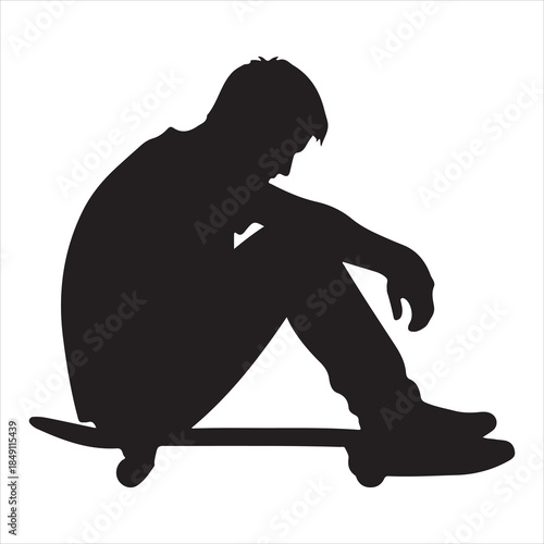 A pensive skateboarder silhouette sitting on his board, reflecting on thoughts in solitude isolated on white background, Vector