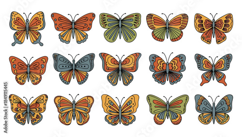Set of detailed, colorful vector illustrations featuring various vintage-style butterflies and moths with diverse patterns and colors for nature, art, and graphic design projects
