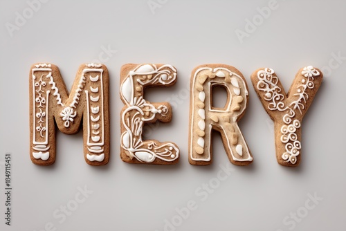 Festive gingerbread letters decorated with white icing on neutral background