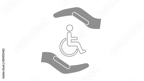 Conceptual illustration of hands protecting a person in a wheelchair, symbolizing care, support, and disability awareness.