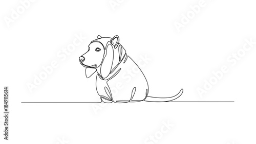 Cartoon dog sitting with ears down in simple line art style  