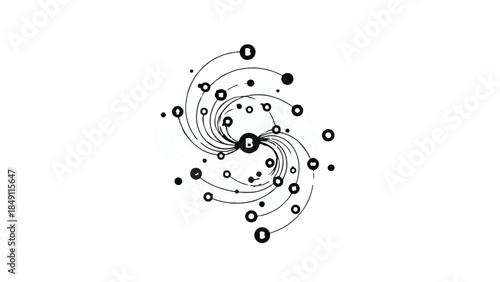 Modern abstract spiral design with swirling particles and circles in black and white on clean background for creative concept