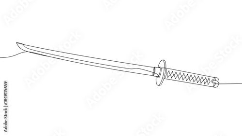Traditional katana sword illustration in minimalist line art style  