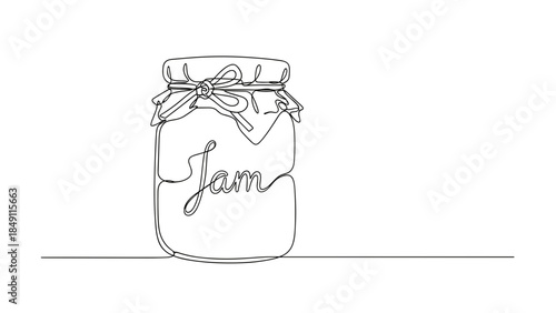 Simple line drawing of a jar with the label 'Jam' on a table  