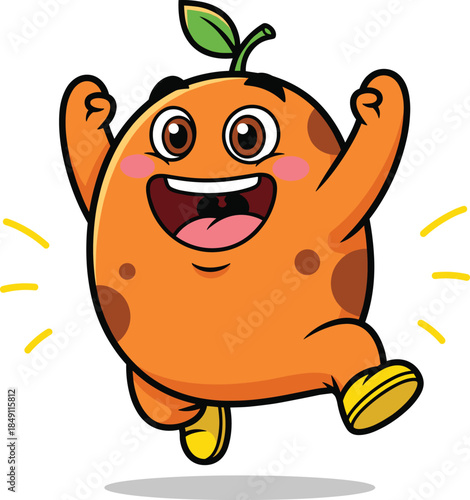 Cute happy orange fruit cartoon character jumping with smile vector illustration for kids branding and fun designs