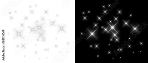 PNG image of Collection of sparkling light effects and glowing dust overlays featuring bright white lens flares and soft gray particle clusters on black on white background
