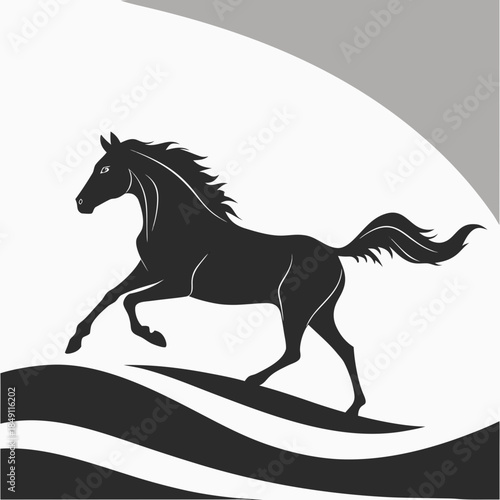 Black horse running on waves