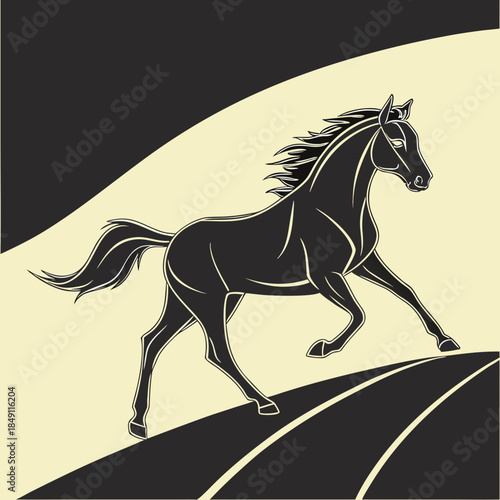 Black horse running on hill