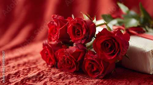 Red roses bouquet with gift box on elegant fabric background