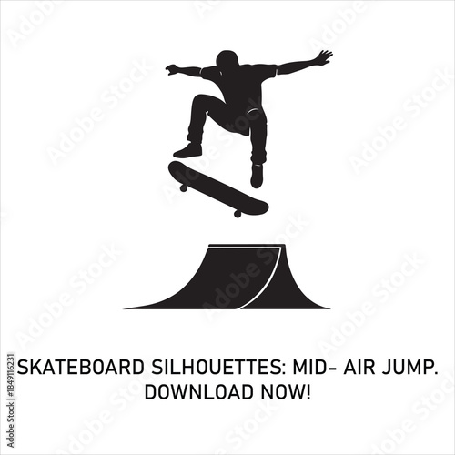 Skateboarder in mid-air above a ramp, performing an impressive jump trick silhouette isolated on white background, Vector