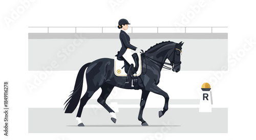 Equestrian illustration of a woman riding a black horse in a dressage arena with a white fence and gray background.