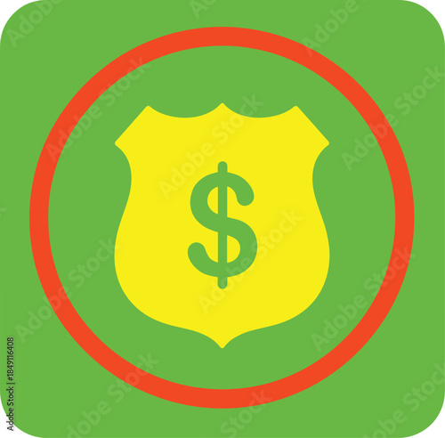 Financial protection shield icon with dollar symbol vector illustration in flat style isolated on green background for insurance security and money safety designs