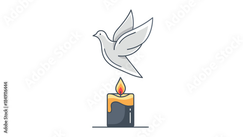White dove flying above a lit candle, symbolizing peace, remembrance, and spirituality.