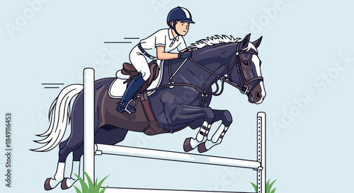 Equestrian illustration of a rider in a white shirt and black helmet jumping over a hurdle with a dark brown horse with a white mane and tail against a light blue background.