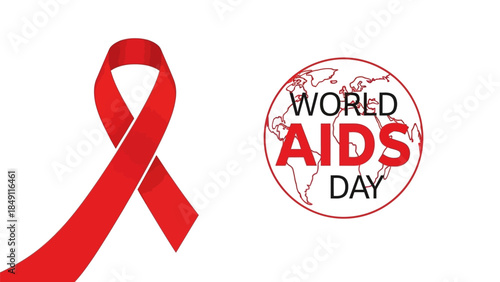 World AIDS Day awareness concept with red ribbon and globe illustration.
